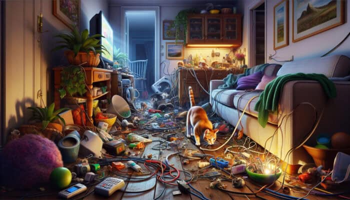 Electrocution Safety Measures for Pets: A curious cat sniffs an exposed electrical wire in a cluttered living room with sparking appliances nearby, highlighting pet safety risks.
