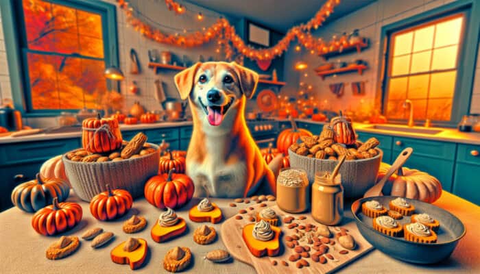 Festive Treat Recipes for Pets: A cheerful dog with a wagging tail sits in a festive kitchen, surrounded by homemade treats made from pumpkin, peanut butter, and oats.