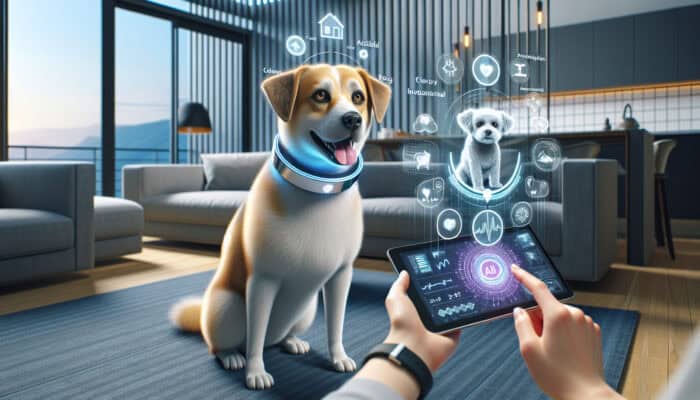 AI-Powered Behavior Analyzers for Pets: A happy dog wearing a futuristic AI collar in a modern home, with holographic activity insights on a tablet held by a smiling owner.