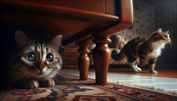 Stress Indicators in Rescue Cats: Two stressed rescue cats: one hiding under a table with wide eyes and flattened ears, another pacing on a rug with a twitching tail in a dimly lit room.