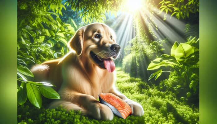 Omega-3 sources for shiny pet coats: A golden retriever with a glossy coat playfully eats fresh salmon in a sunlit garden, symbolizing omega-3 benefits for pet health.