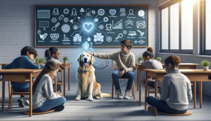 Therapy Dogs in Schools: A calm golden retriever therapy dog sits with diverse students in a classroom, providing emotional comfort and reducing anxiety.