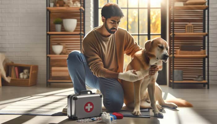 First Aid Kits for Pet Owners: A pet owner kneels beside an injured dog in a sunlit home, applying a bandage from a first aid kit, showing concern and relief.