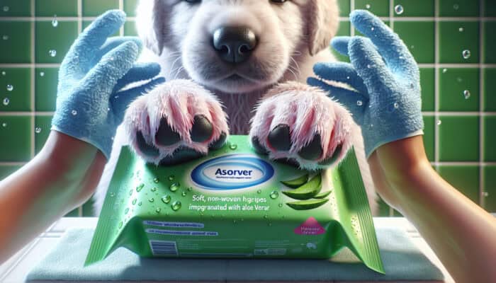 Hygiene Wipes for Quick Pet Cleanups: Close-up of soft, non-woven wipes infused with aloe vera cleaning a fluffy puppy's paws in a bright bathroom, showing high absorbency and fresh glow.