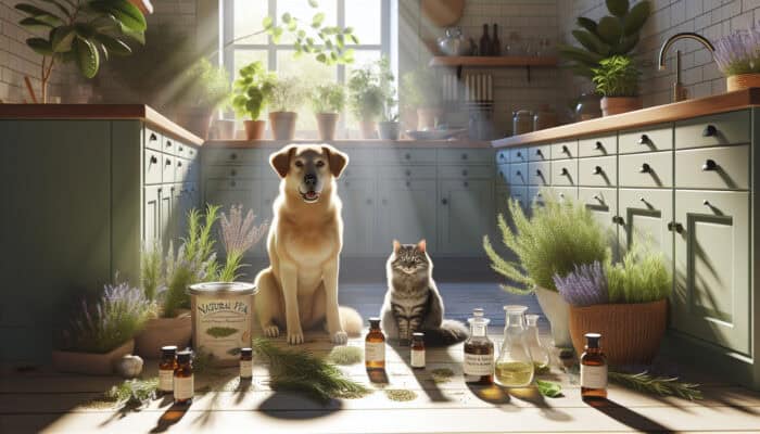 Natural Flea Repellents For Pets: A sunlit kitchen with a healthy dog and cat surrounded by rosemary, lavender herbs, essential oils, and potted plants for safe pet care.