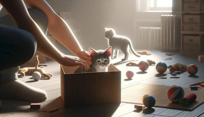 Socializing Shy Kittens: Shy kitten hides in dimly lit cardboard box, ears flattened and eyes averted, surrounded by untouched toys, with calm owner nearby.