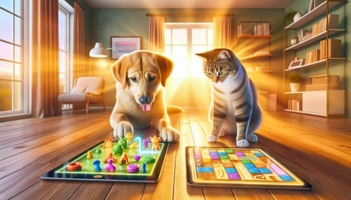 Puzzle Apps for Tablet Pet Play: A playful dog matches colorful toys on a tablet, while a clever cat navigates a maze in a sunlit room with focused expressions.