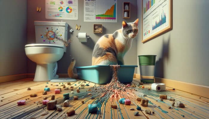 Urinary Tract Issues in Female Cats: Stressed calico cat crouching by filthy litter box, empty water bowl, and scattered kibble in cluttered home, showing urinary crystals.