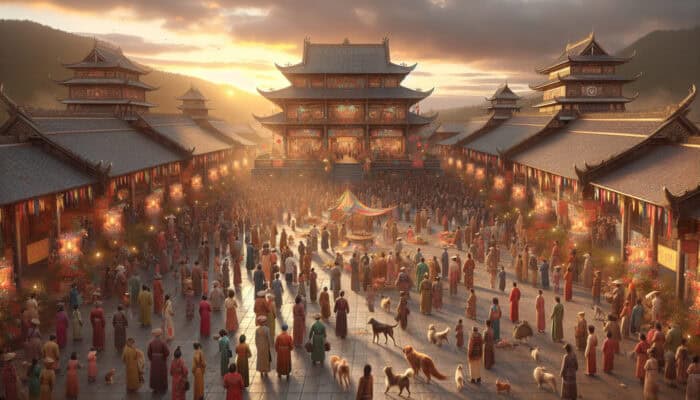 Cultural Festivals Involving Pets: Bustling ancient festival square with diverse people in traditional attire, celebrating with pets like dogs and cats amid adorned temples under a warm sunset, symbolizing community and love.