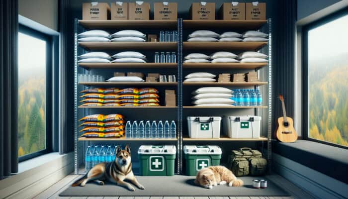 Disaster Supply Stockpiling for Pets: Organized pet emergency stockpile with stacked food bags, water bottles, and medical kits on shelves; calm dog and cat resting nearby.