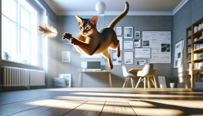 Abyssinian Cat Play Ideas: Energetic Abyssinian cat with ticked fur leaps mid-air to catch a feather toy in a sunlit room, displaying playful personality.