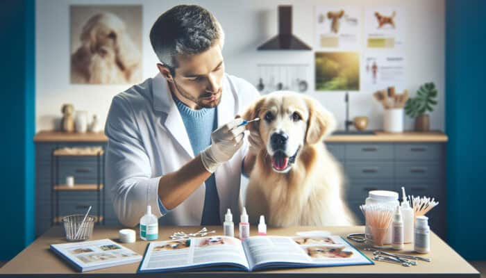 Pet Ear Cleaning Solutions: Close-up illustration of owner cleaning fluffy golden retriever's ears with pet solutions and swabs on sunny kitchen counter, surrounded by guide books.