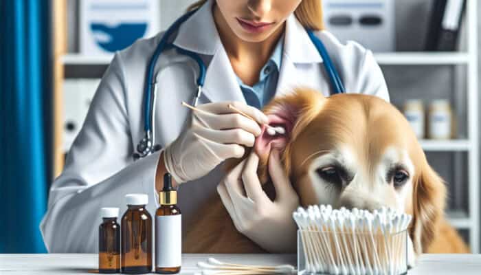 Close-up of a veterinarian in a white coat gently applying ear cleaning solution to a golden retriever's ear in a bright clinic, with tools nearby.
