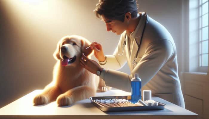 A veterinarian gently cleans a fluffy golden retriever's ear with a blue solution and cotton swabs on a white table, in soft warm lighting.