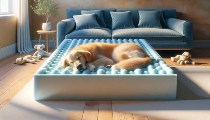 Memory Foam Crates For Pet Comfort: Blue memory foam pet bed molding to a sleeping golden retriever in a sunlit room with toys, offering pressure relief.