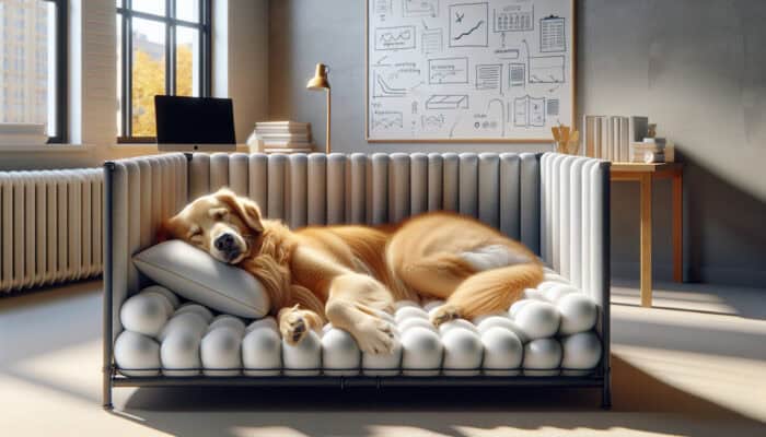 A relaxed golden retriever sinks into a cozy memory foam crate, eyes closed in bliss, surrounded by plush bedding in a sunlit room.