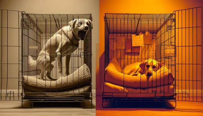 An anxious dog shifts restlessly in a cramped wire crate, contrasting a relaxed dog lounging comfortably in a plush memory foam crate under warm light.
