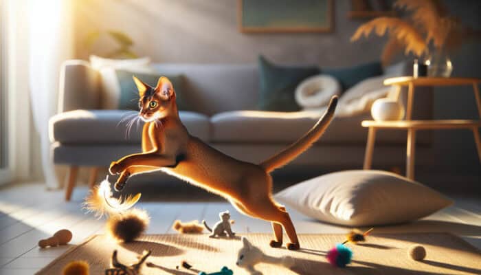Abyssinian Cat Activities: A sleek Abyssinian cat leaps after a feather toy in a sunlit room, surrounded by scattered toys and soft cushions.