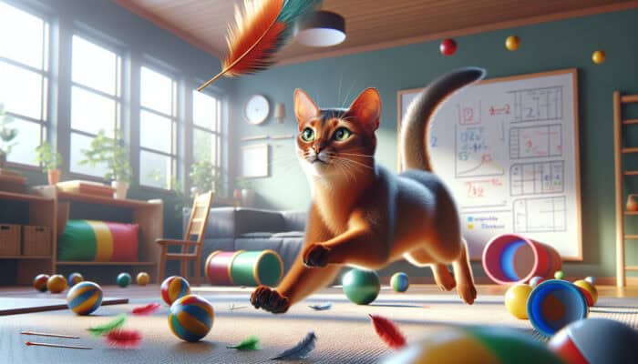A playful Abyssinian cat with ticked ruddy fur and alert green eyes leaps at a feathered toy in a sunlit room with balls and tunnels.