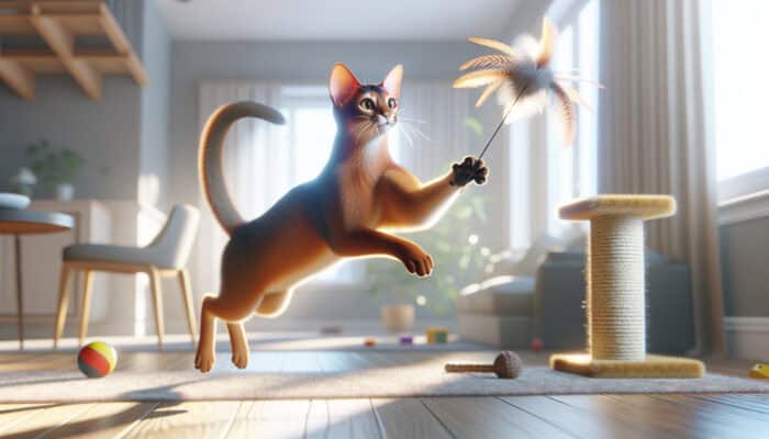 A playful Abyssinian cat leaps for a feather toy in a sunlit room, surrounded by colorful toys and a scratching post.
