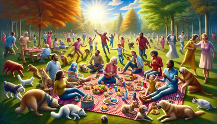 Picnic Ideas for Pet Families: A joyful family picnic in a sunny park with parents, children, dogs playing fetch, and cats exploring on a red checkered blanket.