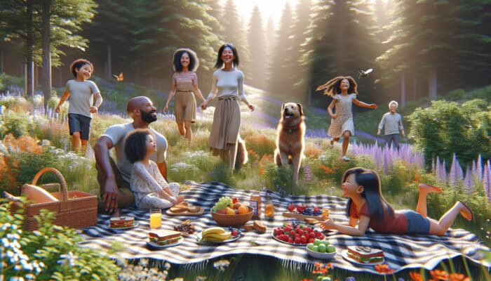 Family picnic in a sunny meadow: children playing fetch with dog and chasing cat, blanket with fruits, sandwiches, and pet treats amid wildflowers and trees.