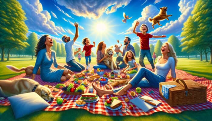 Vibrant family picnic in a sunlit park: parents and children laughing with dogs playing fetch, food on a red checked blanket under a blue sky.
