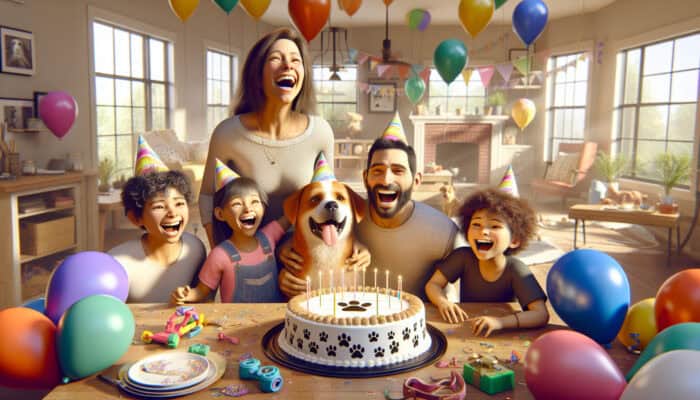 Pet Adoption Anniversaries: A joyful family celebrates their adopted dog's anniversary with a paw-print cake, colorful balloons, party hat, toys, and happy smiles in a sunlit living room.