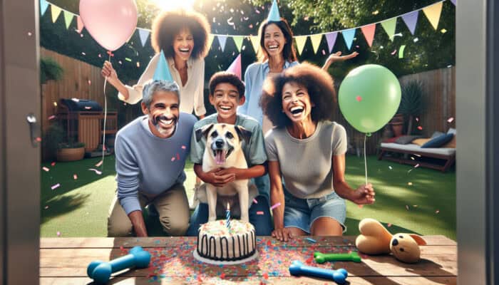 Family celebrates dog's adoption anniversary in a sunny backyard with bone-shaped cake, balloons, party hat, toys, and confetti.