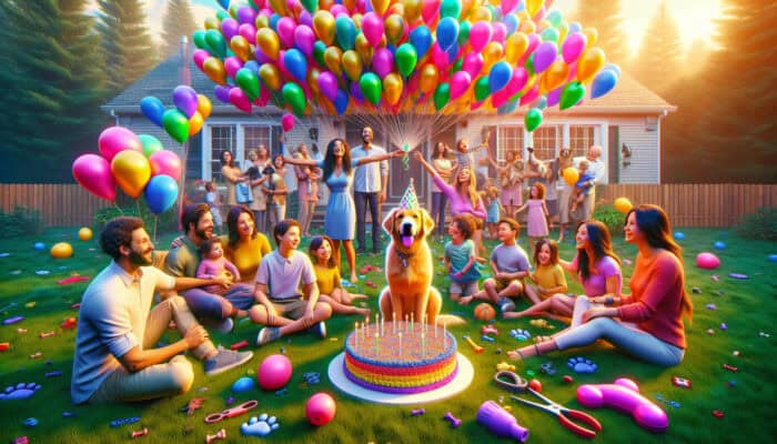 Joyful family celebrates pet's adoption anniversary in sunlit backyard with balloons, paw-shaped cake, dog in party hat, toys, and hugs.