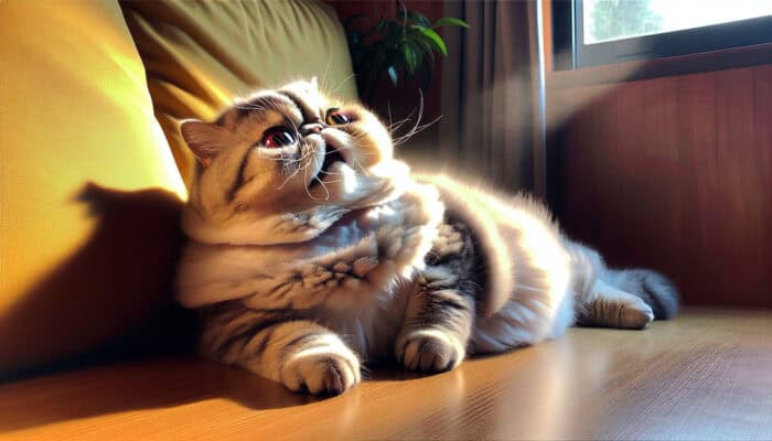 Close-up of an Exotic Shorthair cat panting with wide eyes, chest heaving on a soft cushion in a sunlit room.