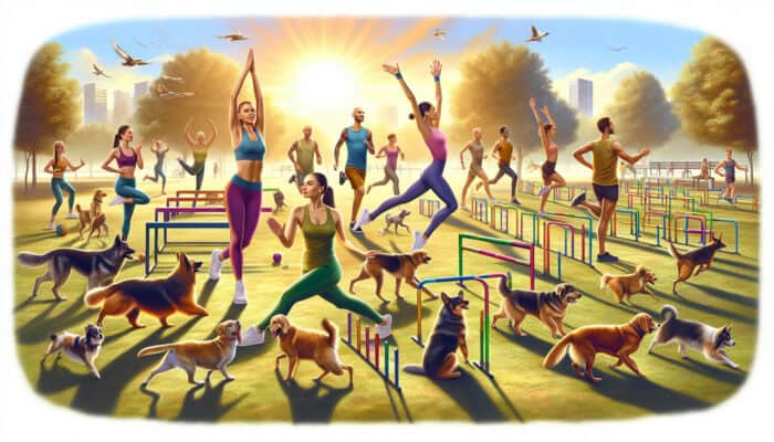 Fitness Classes with Dogs: owners in yoga poses with relaxed dogs, pairs running energetically, and teams navigating colorful agility obstacles under a sunny sky.
