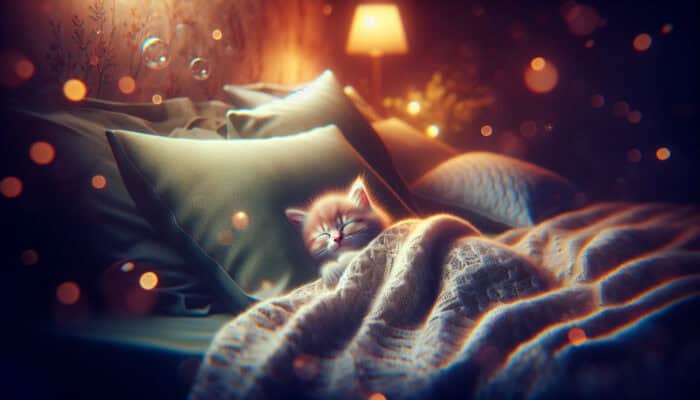 Sleep Routines for Kittens: A cute kitten sleeping peacefully on fluffy bedding in a cozy, dimly lit room with warm light and pillows.