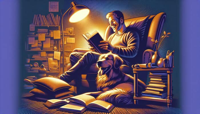 Storytime Bonding with Pets: A smiling owner reads a colorful storybook to a trusting dog curled at their feet in warm golden lamplight.