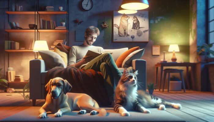 A smiling owner reads an illustrated storybook to a relaxed dog and curious cat on a plush sofa in warm lamplight.