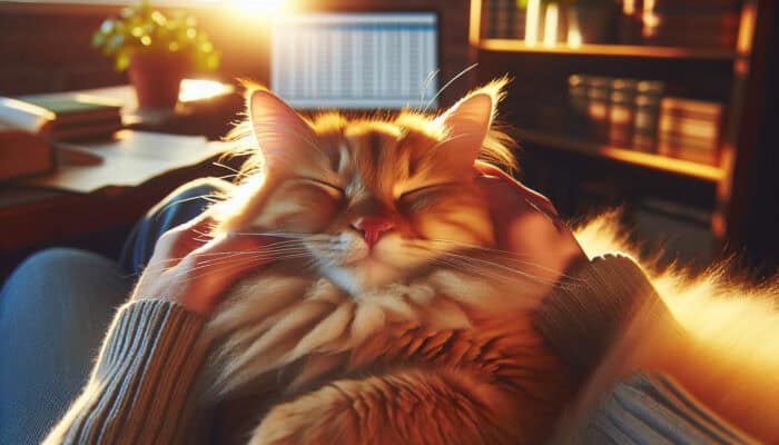 A fluffy orange tabby cat purring contentedly in a person's lap, eyes half-closed, with sunlight highlighting its relaxed fur.