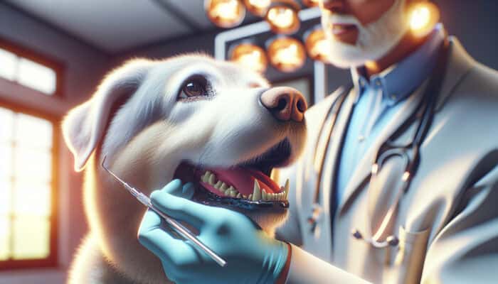 Elderly dog with graying fur in a bright vet clinic, as a gentle vet examines its teeth, showing healthy gums and a sparkling smile.