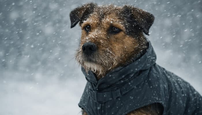 Weather-Resistant Gear for Pets: Rugged dog in waterproof, abrasion-resistant jacket braving snowy storm, looking adventurous.