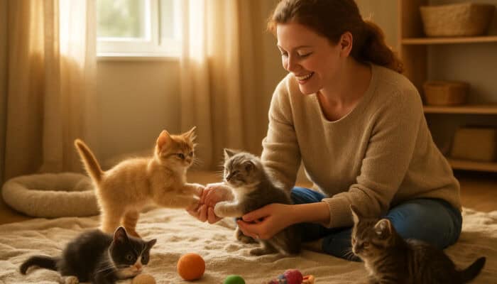 Fostering Kittens Temporarily: A foster caregiver playing with playful kittens on soft blankets in a sunlit room, surrounded by toys.