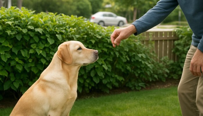 Bark Control Techniques for Dogs: Calm dog behind lush plant fence, ignoring cars as owner offers treat.