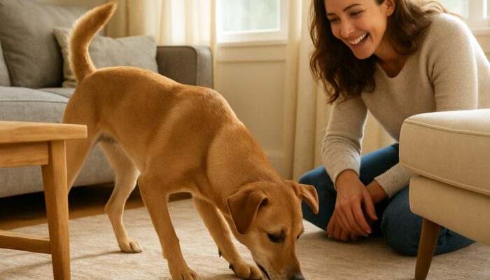 Curious dog sniffing for hidden treats in sunlit living room, with smiling owner watching.
