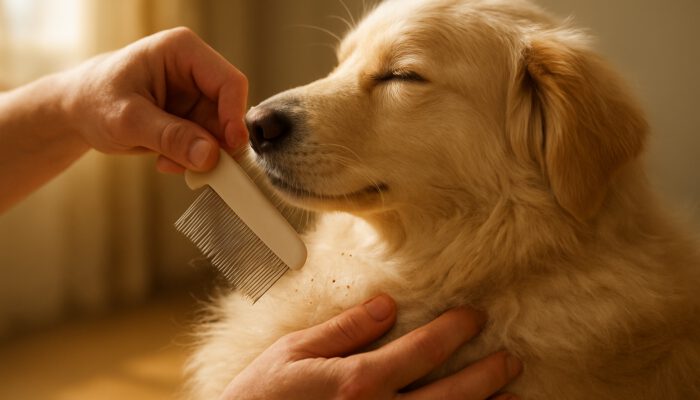 Owner gently combs fluffy dog's fur with flea comb in sunlit room, removing fleas.