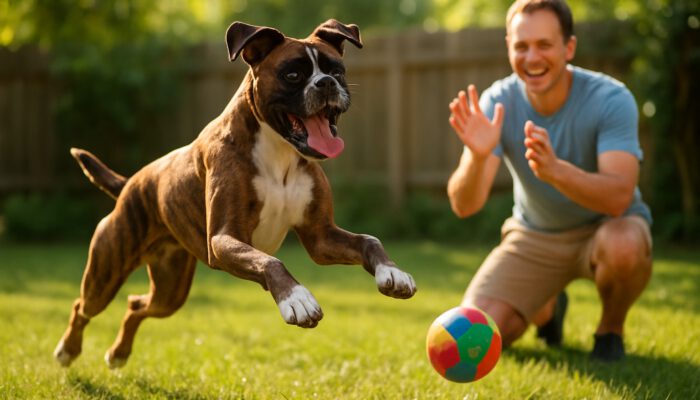 Boxer Playful Energy: Energetic Boxer dog leaping for colorful ball in sunlit backyard, with smiling owner clapping.