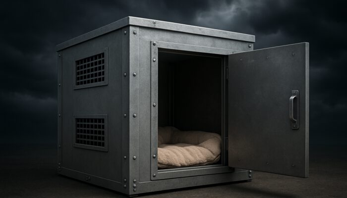 Tornado Shelter for Pets: Sturdy pet tornado shelter with reinforced metal walls, ventilation grates, and cozy bedding against stormy sky.