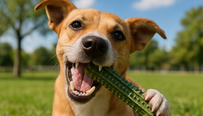 Pet Tartar Control: Dog chewing textured dental treat in sunny park, removing plaque from teeth.
