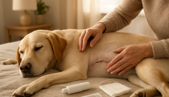 Spay Recovery Timeline: Dog resting on bed during post-spay recovery, owner checking incision with vet supplies.