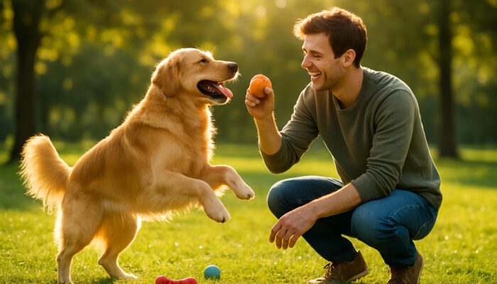 Mood Boosting: Person playing fetch with happy dog in sunlit park, toys scattered around.