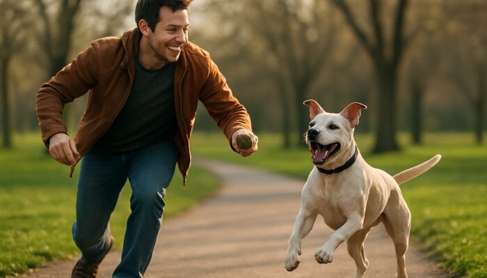 Busy owner playing fetch with happy dog in park, emphasizing joyful connection.