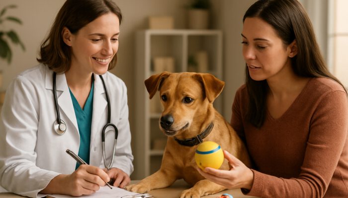 Vet and owner evaluating curious dog's behavior with notes and toys in clinic.