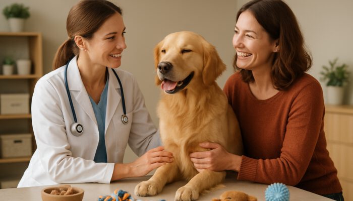 Veterinarian consulting with owner and relaxed golden retriever in cozy clinic with toys and treats.